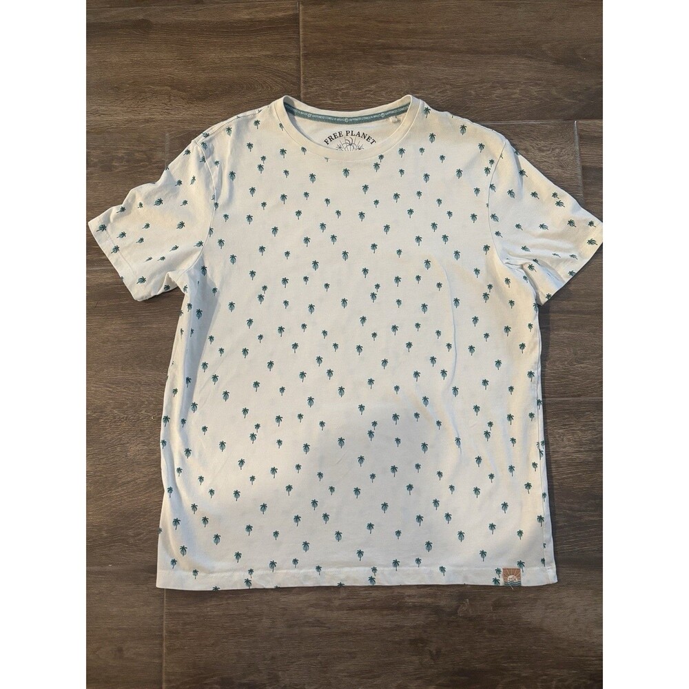 Free Planet Men’s M Palm Tree Motif T Shirt Short Sleeve Organic Cotton EUC